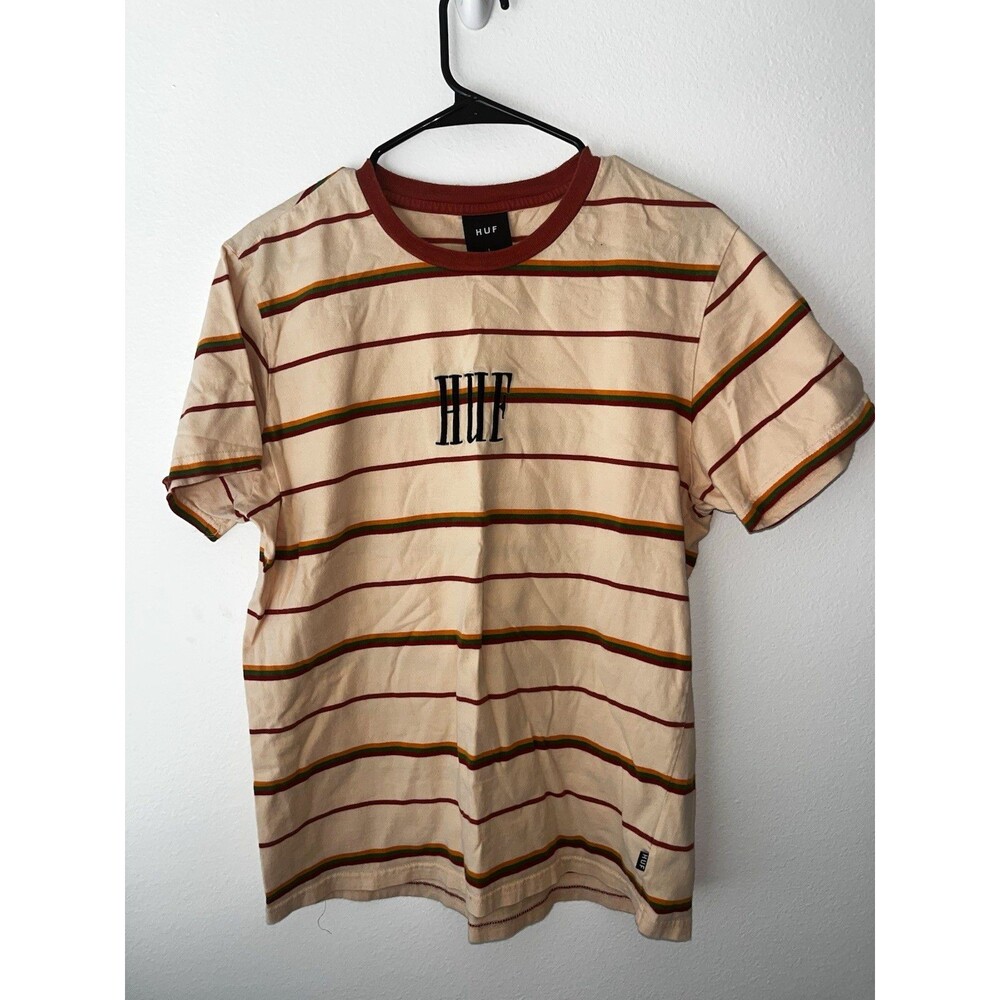 HUF Men's L Striped Crew Neck Short Sleeve Cotton Knit Embroidered Logo T-Shirt